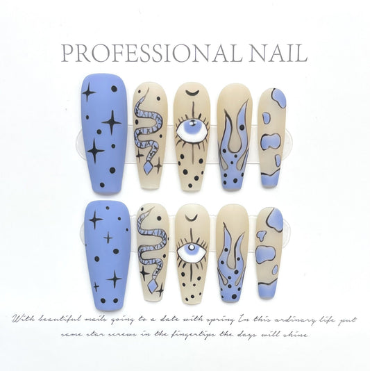 1074 Handgetekende slangenstijl pers op nagels 100% handgemaakte kunstnagels blauwe nude kleur