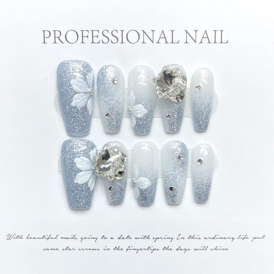 1072 Flowers style press on nails 100% handmade false nails sliver blue