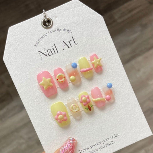 922 Tulip Star style press on nagels 100% handgemaakte kunstnagels roze geel