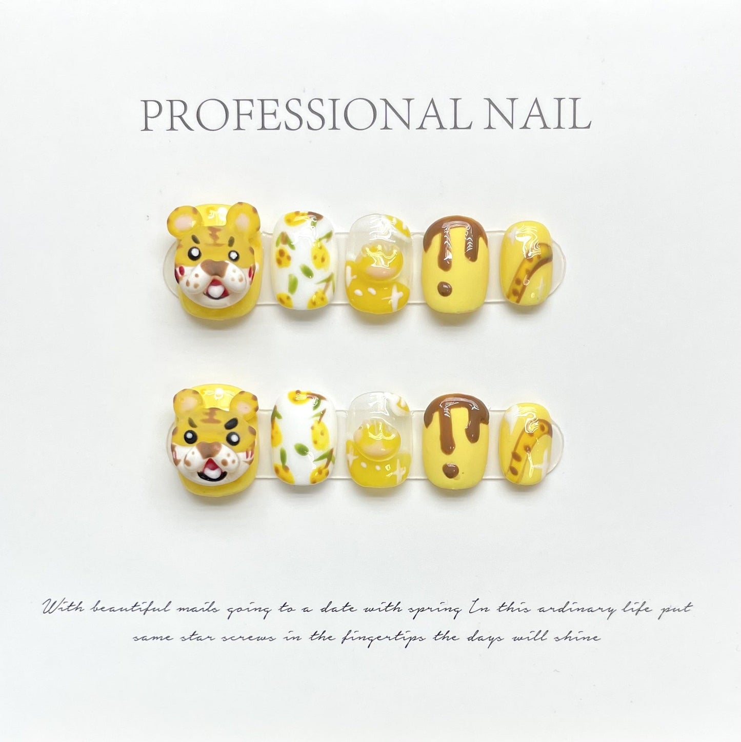 1003 Dierentijger-stijl pers op nagels 100% handgemaakte kunstnagels Geel