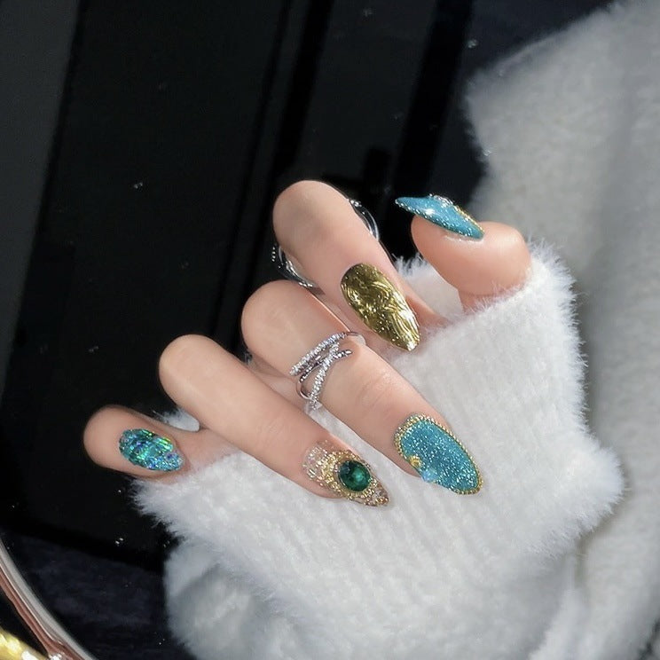 1240 Exotische charme-stijl pers op nagels 100% handgemaakte kunstnagels blauw goudkleurig