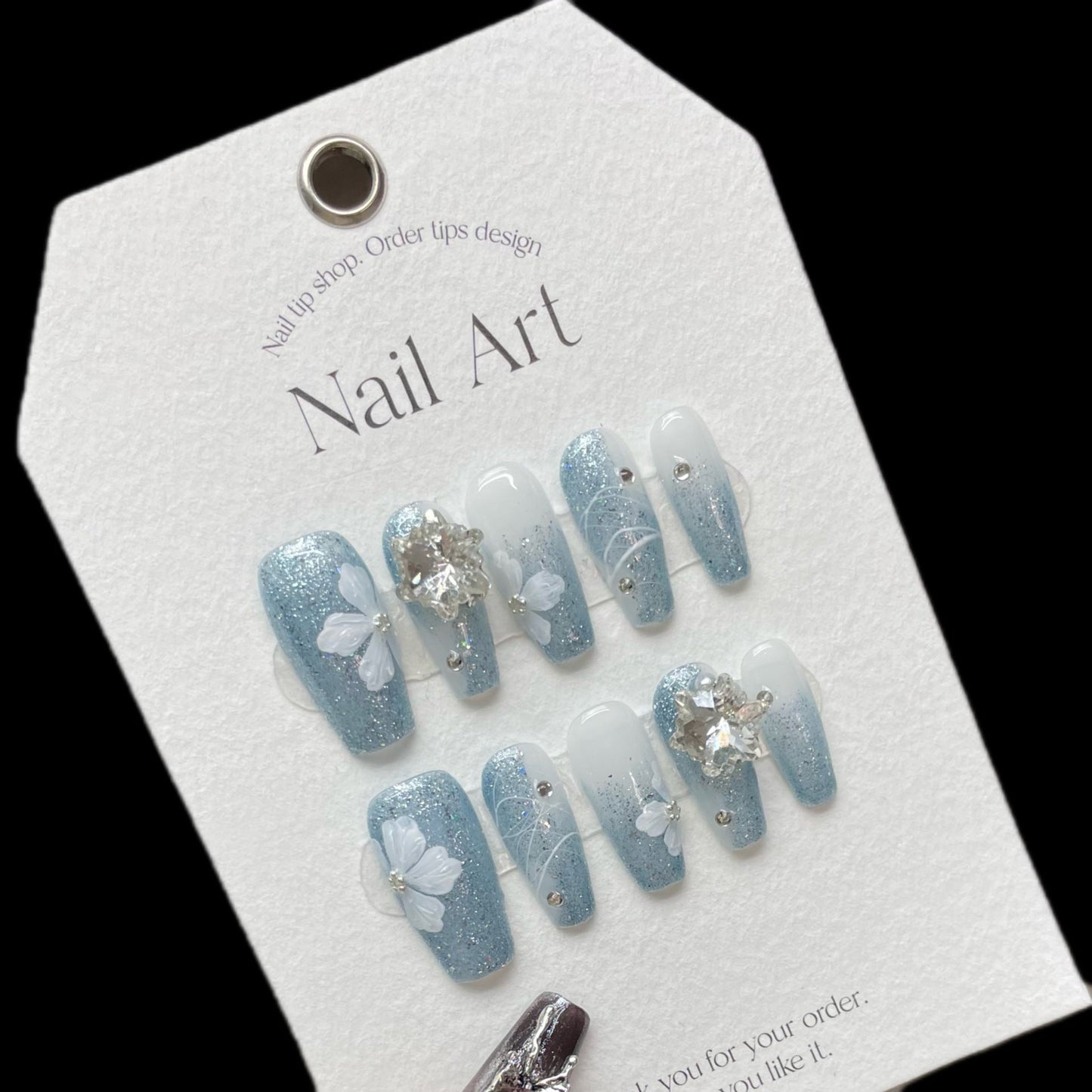 1072 Bloemenstijl press-on-nagels 100% handgemaakte kunstnagels zilverblauw