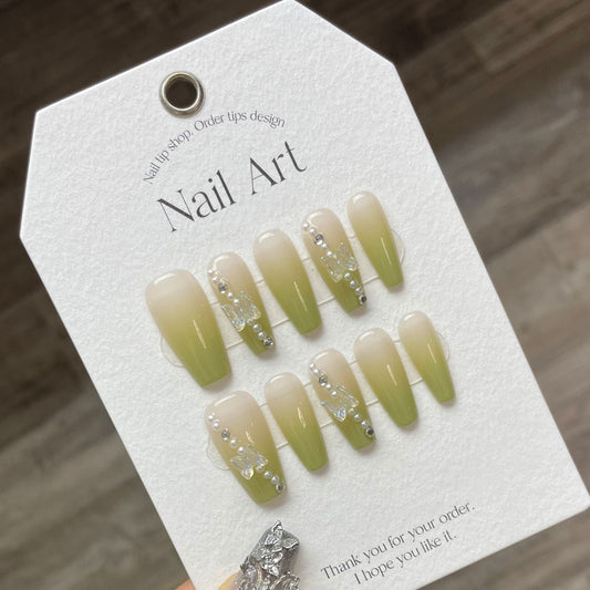914 Groene gradiëntstijl pers op nagels 100% handgemaakte kunstnagels nude helder groen