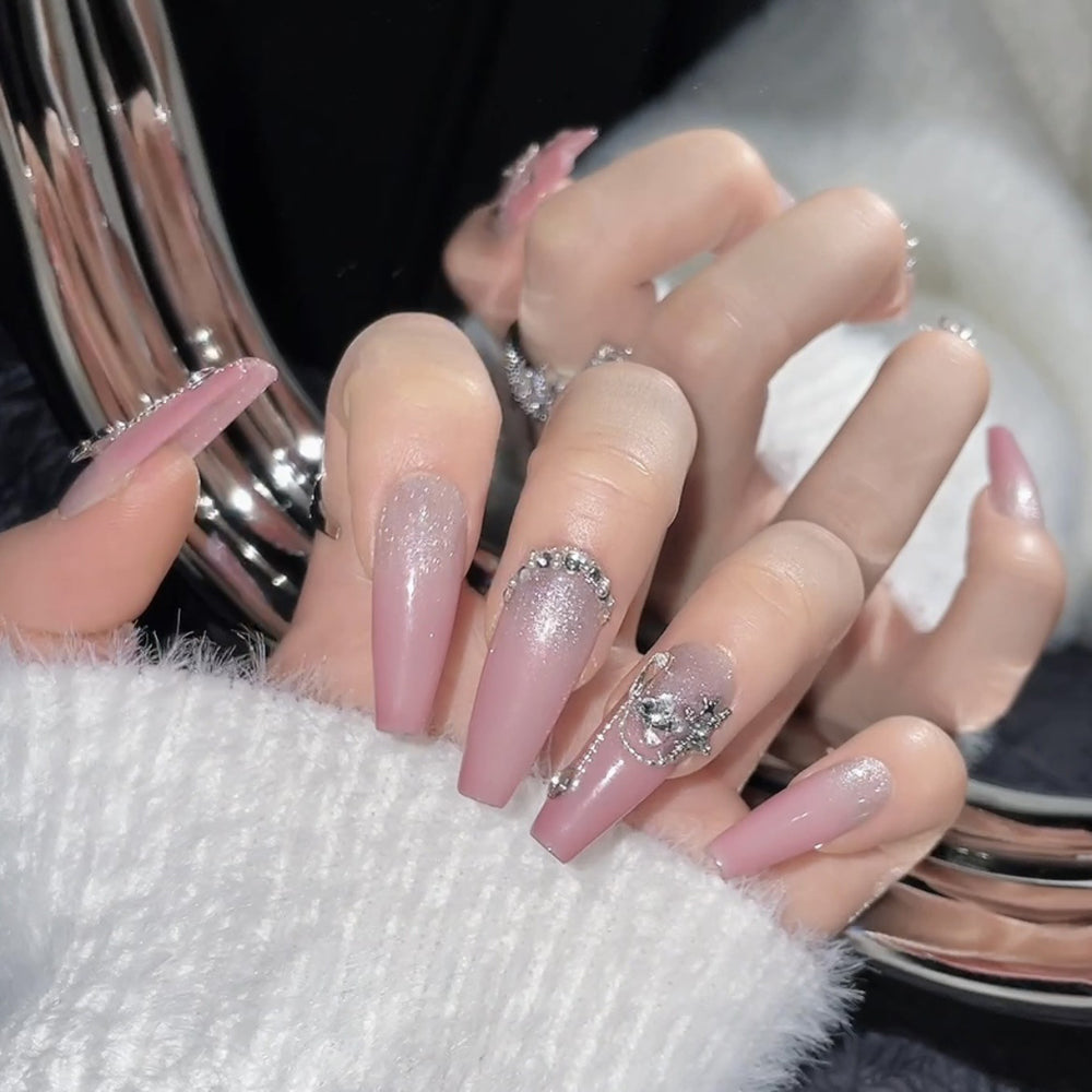 1194 honing perzik stijl Cateye Effect Series nagels druk op nagels 100% handgemaakte kunstnagels roze strook