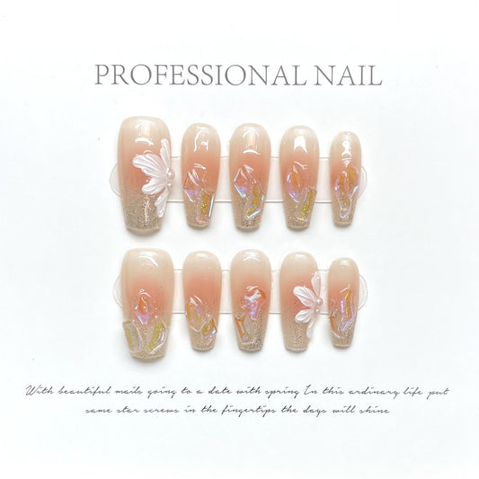 1030/1035 Flowers style press on nails 100% handmade false nails pink nude color