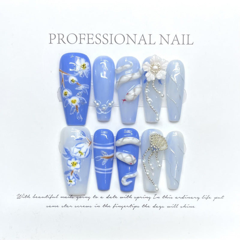 1086 Blue Snake style press on nails 100% handmade false nails blue