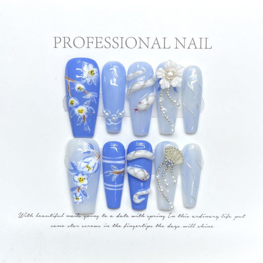 1086 Blue Snake style press on nails 100% handmade false nails blue