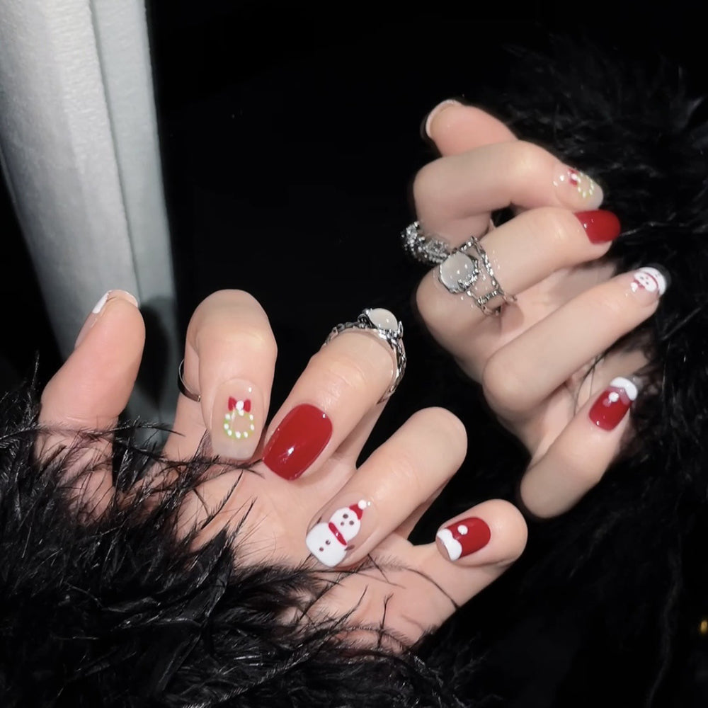 1132 presse de style de Noël sur les ongles 100% faux ongles faits à la main couleur chair rouge