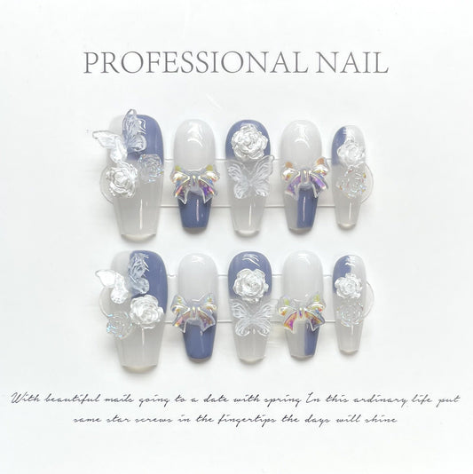 990 butterfly style press on nails 100% handmade false nails white blue