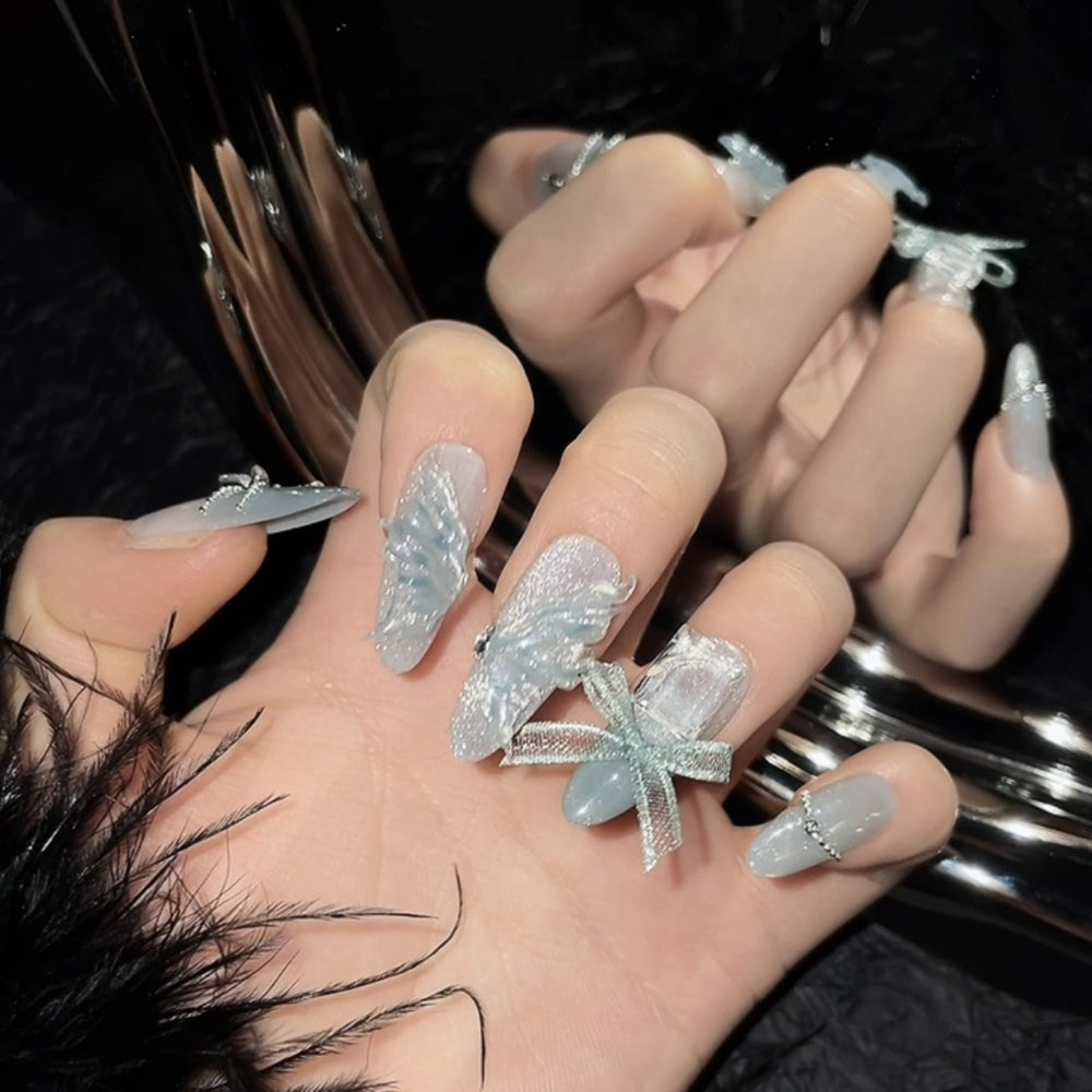 1175 Butterfly style press on nails 100% handmade false nails sliver blue