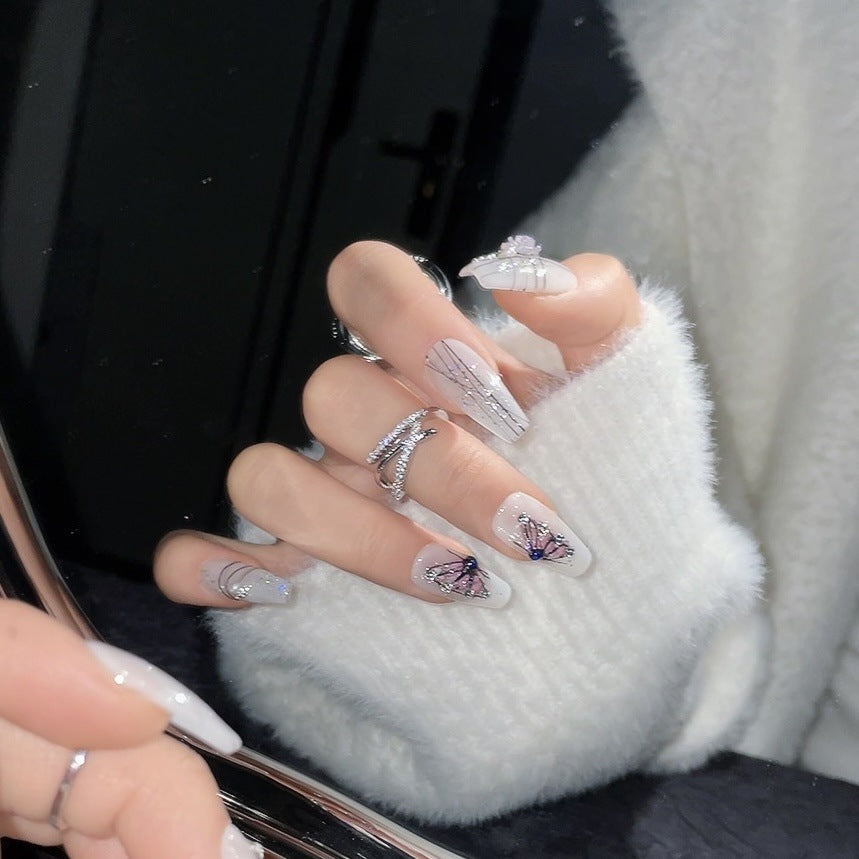 1224 Presse de style papillon peinte à la main sur les ongles 100% faux ongles faits à la main ruban blanc