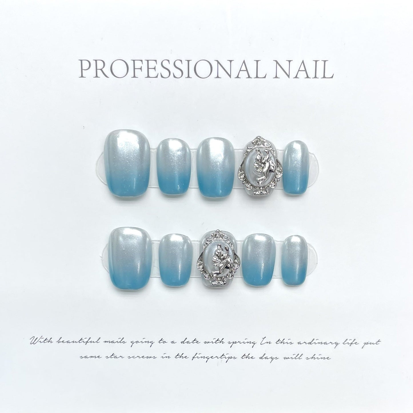 1119 Blue style press on nails 100% handmade false nails blue sliver