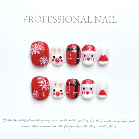 1166 Presse style Noël sur ongles 100% faux ongles faits main rouge