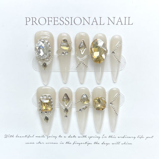 1141 Rhinestone style press on nails 100% handmade false nails nude color