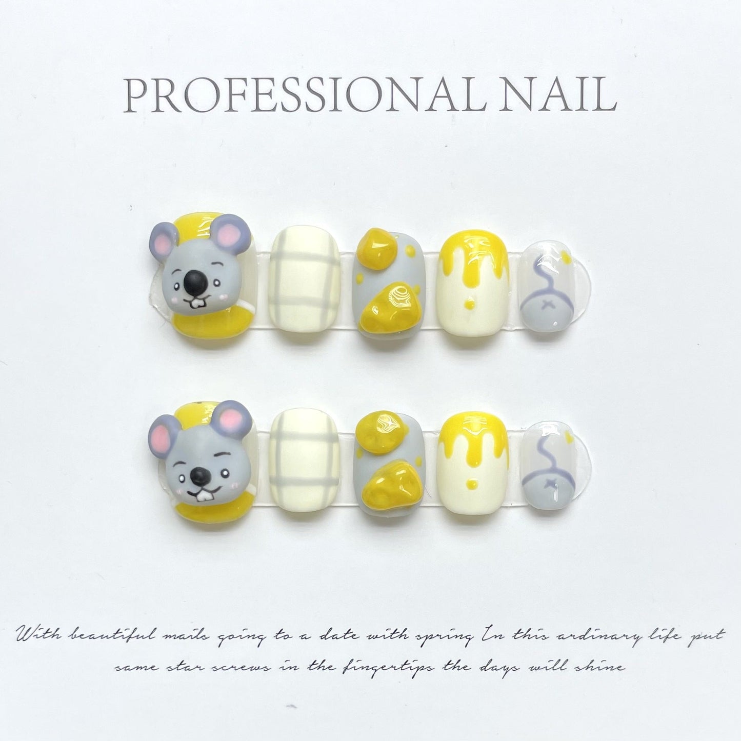 1001 Animal mouse style press on nails 100% handmade false nails Yellow gray