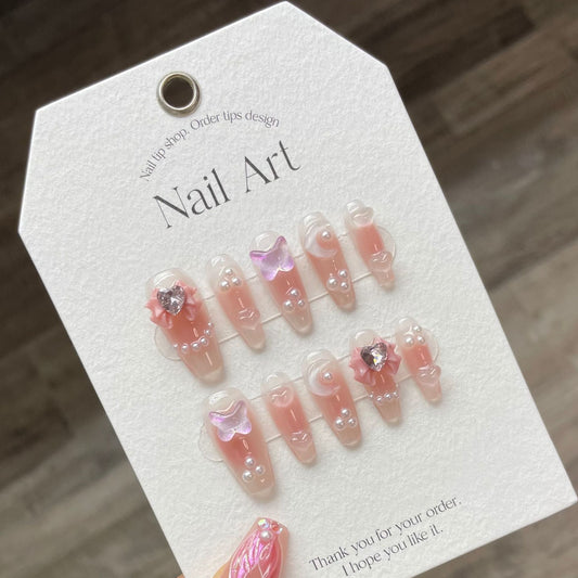 802/918 Presse style nœud sur ongles 100% fait main faux ongles rose