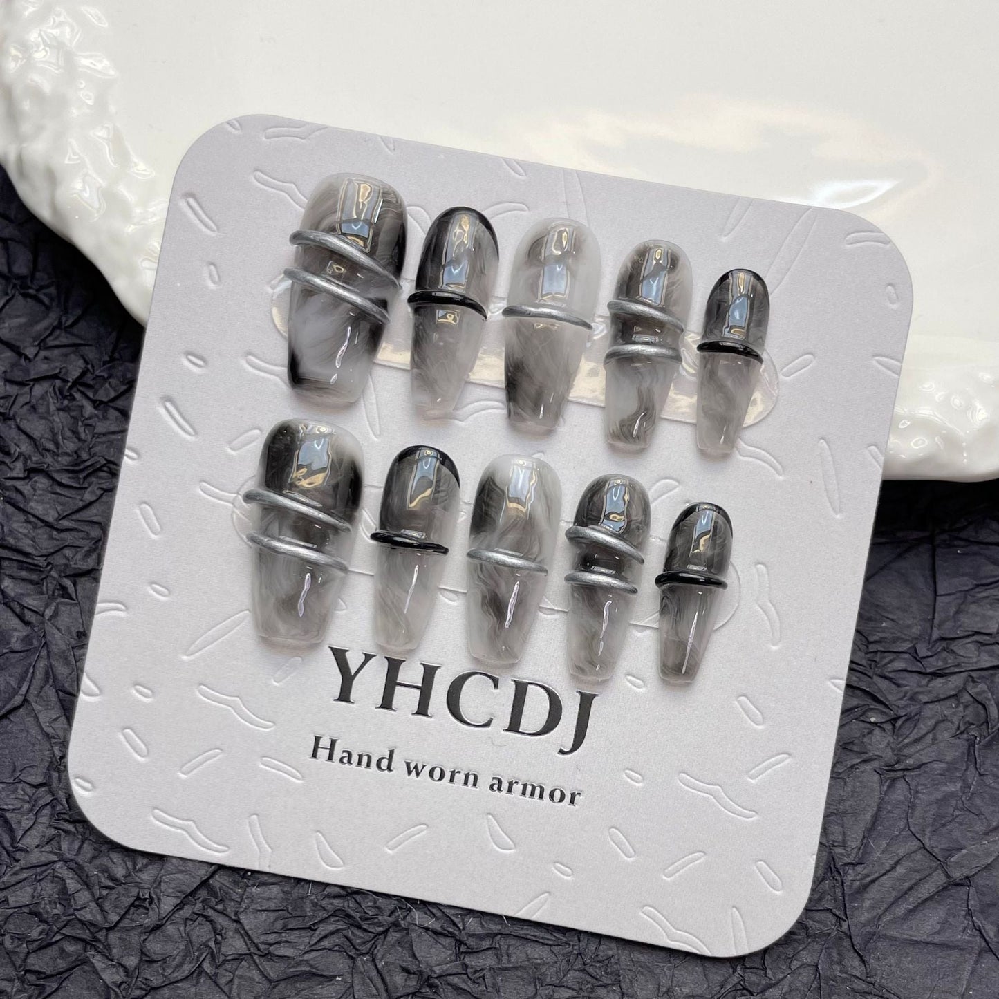 953 Donkergotische stijl press-on-nagels 100% handgemaakte kunstnagels grijs zwart