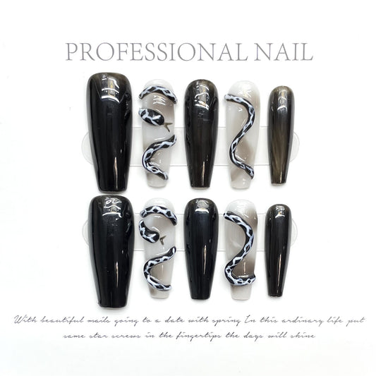1070 Black Snake-stijl press-on-nagels 100% handgemaakte kunstnagels zwart