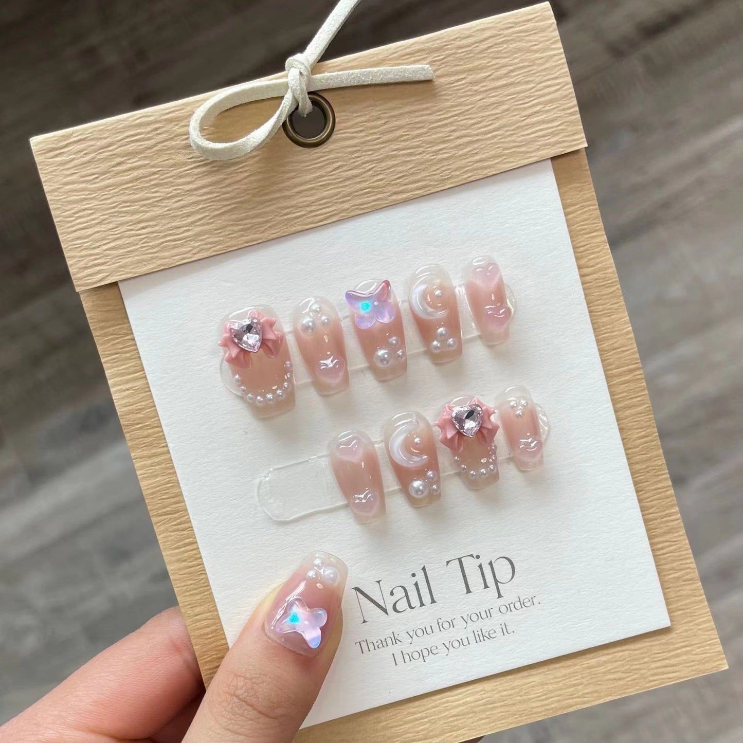 802/918 Presse style nœud sur ongles 100% fait main faux ongles rose