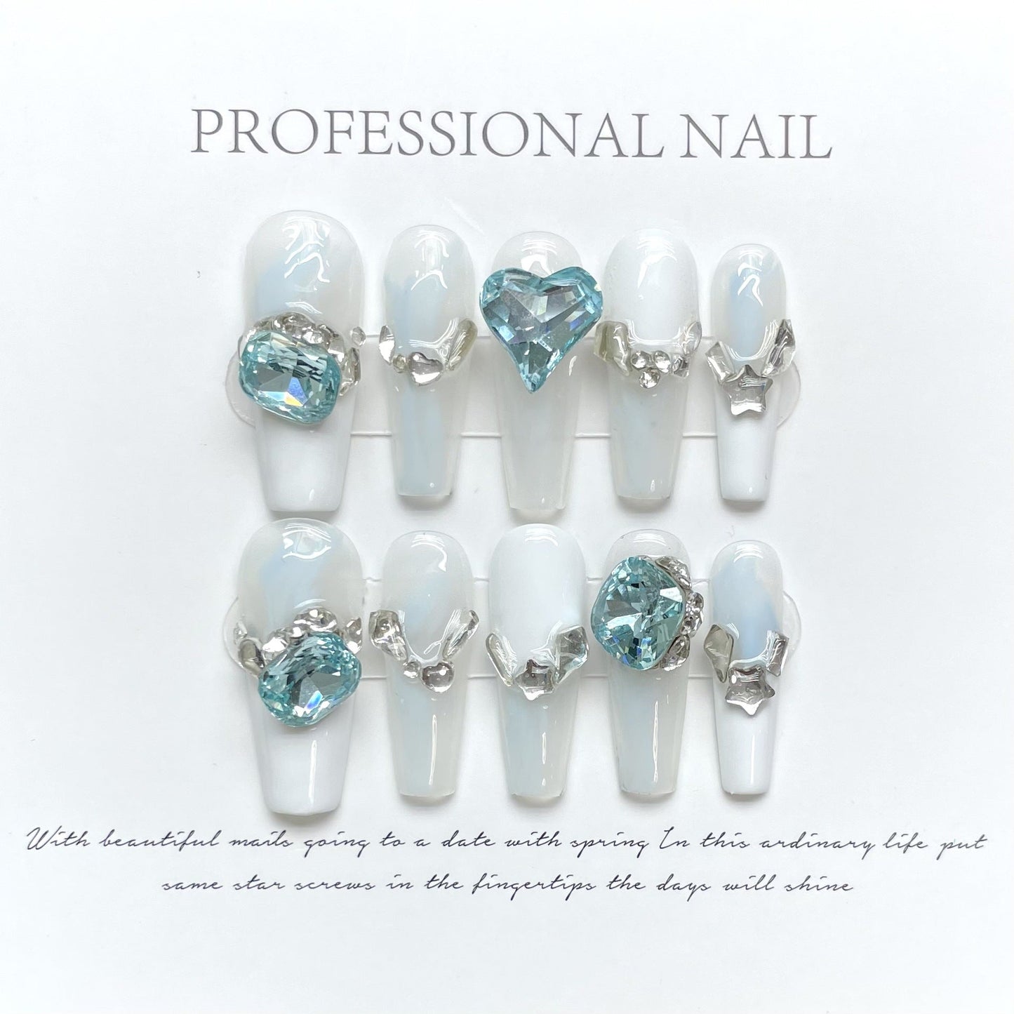 952 kille stijl press-on-nagels 100% handgemaakte kunstnagels wit blauw