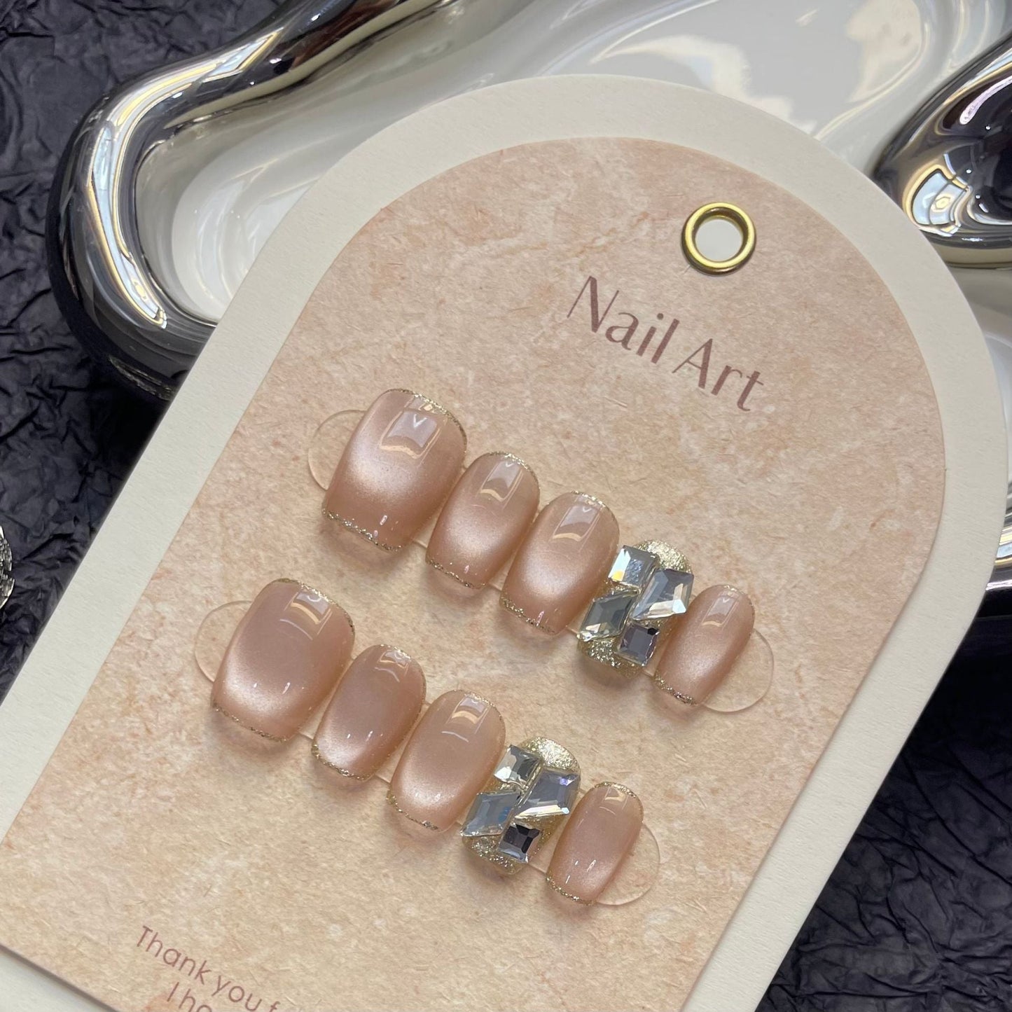 1213 Cateye Effect style press on nails 100% handmade false nails nude color