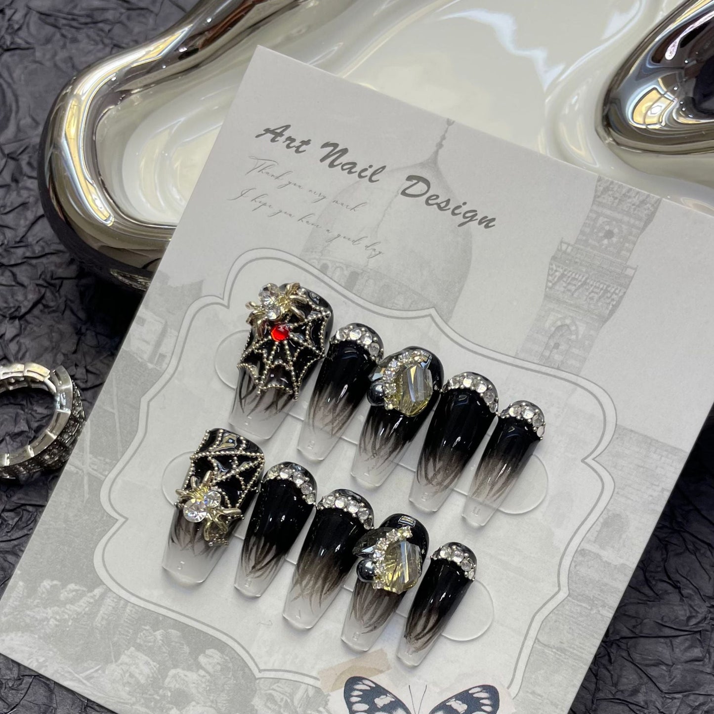 1225 Dark Spider-stijl press-on-nagels 100% handgemaakte kunstnagels zwart