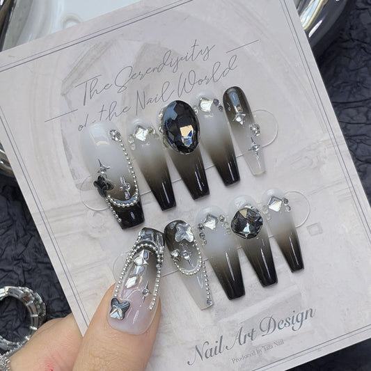 1187 Daybreak-stijl pers op nagels 100% handgemaakte kunstnagels zwart zilver