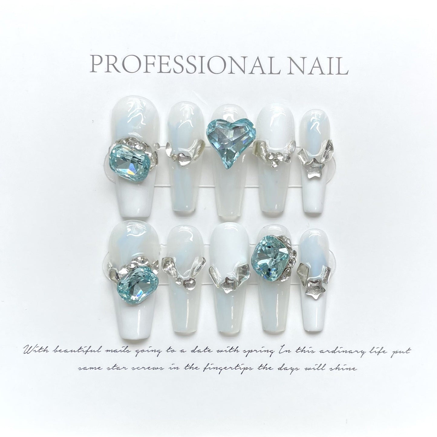 952 kille stijl press-on-nagels 100% handgemaakte kunstnagels wit blauw