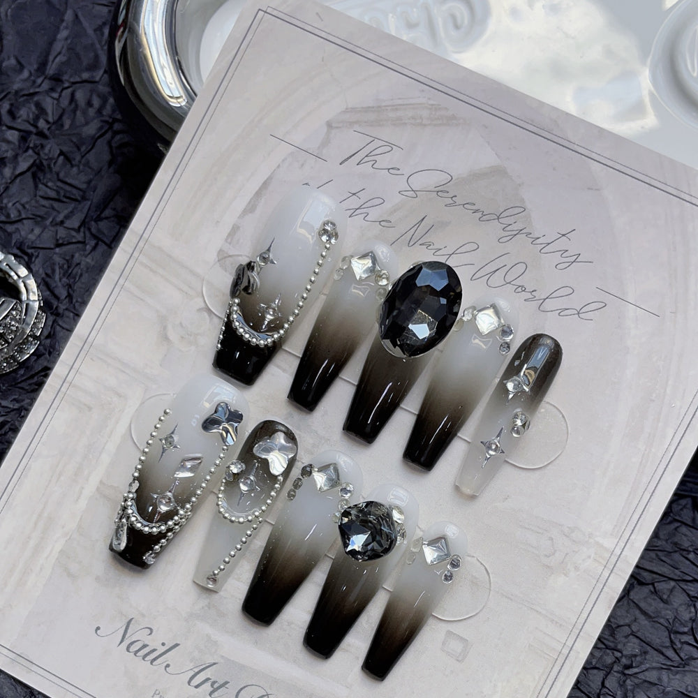 1187 Daybreak-stijl pers op nagels 100% handgemaakte kunstnagels zwart zilver