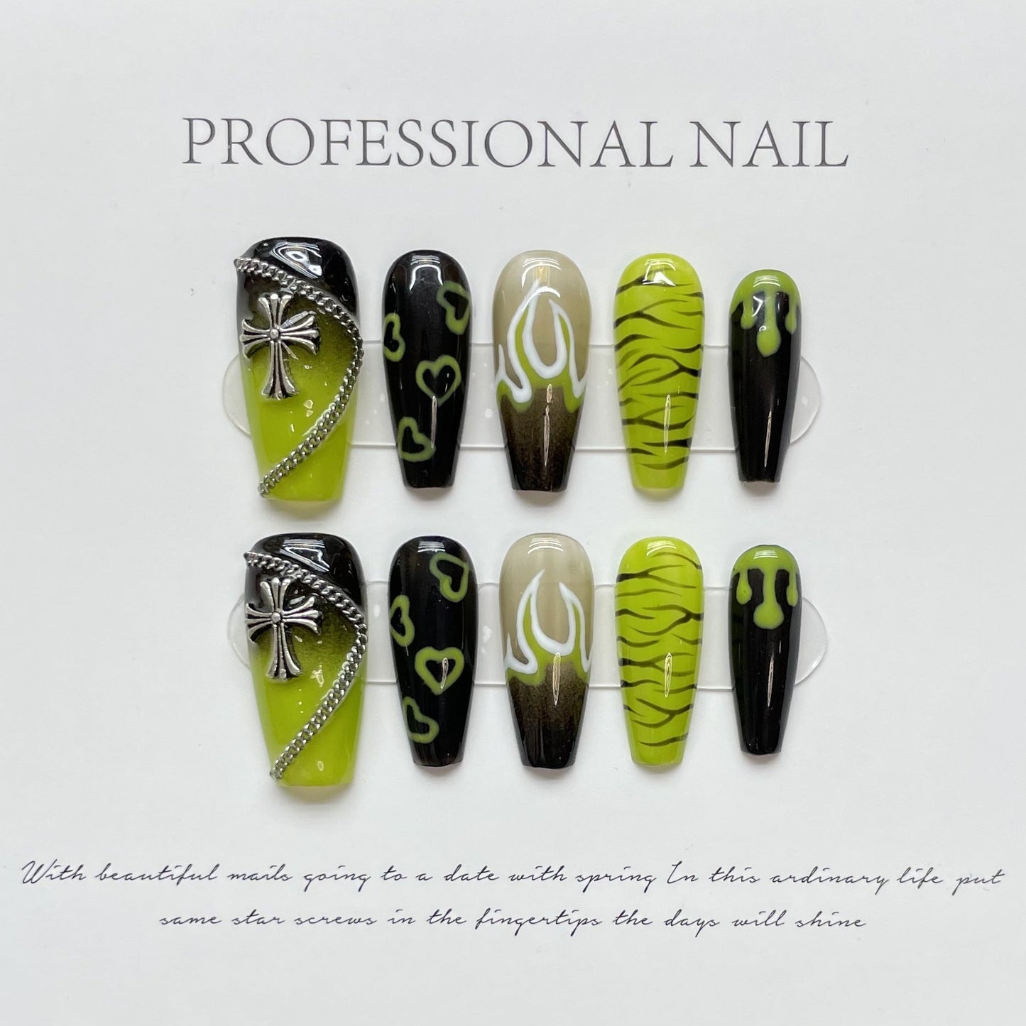 979 Green Flame Elf style press on nails 100% handmade false nails black green
