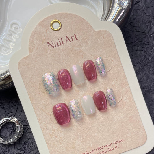 1226 Cateye Effect-stijl press-on-nagels 100% handgemaakte kunstnagels zilverwit