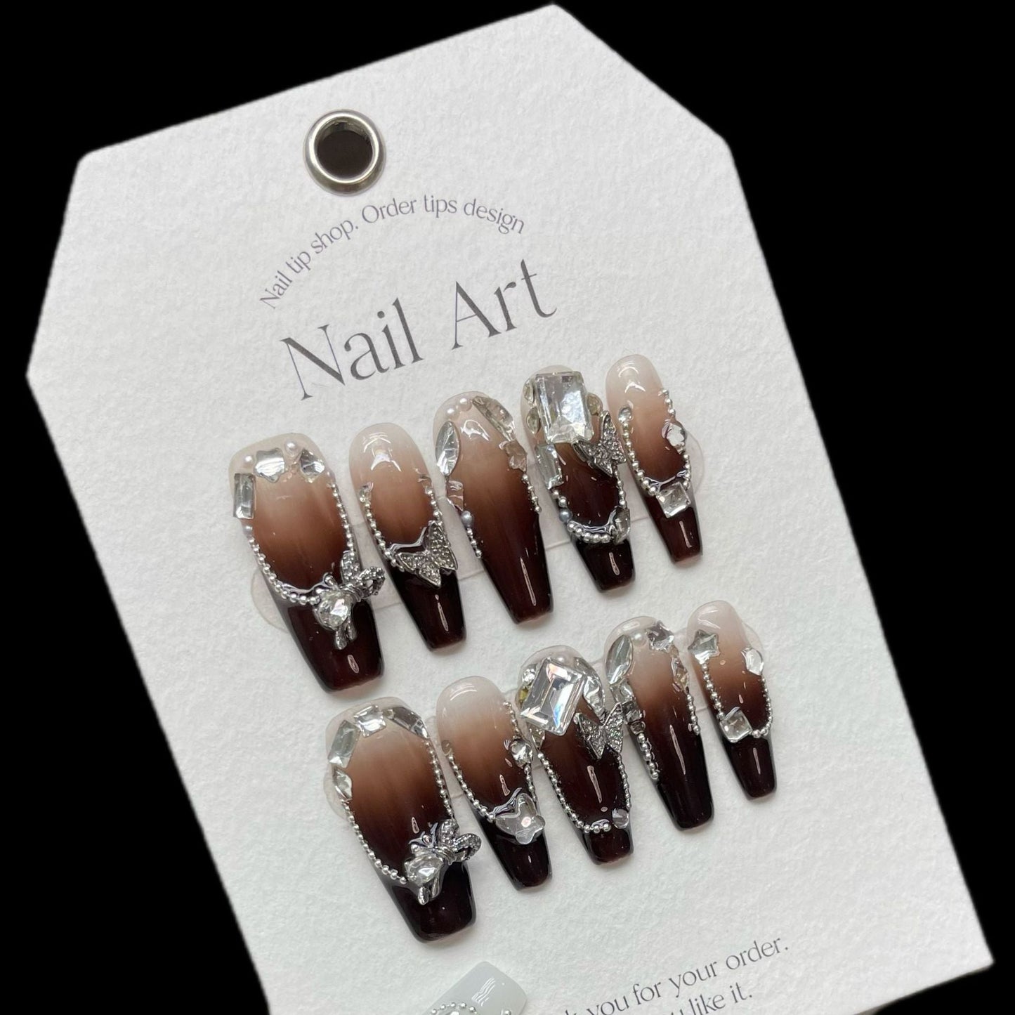 1067 Vlinder strass-stijl pers op nagels 100% handgemaakte kunstnagels bruin