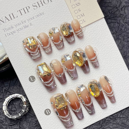 1199/1205/1216 luxueux automne Style CatEye effet presse sur ongles 100% faux ongles faits à la main marron