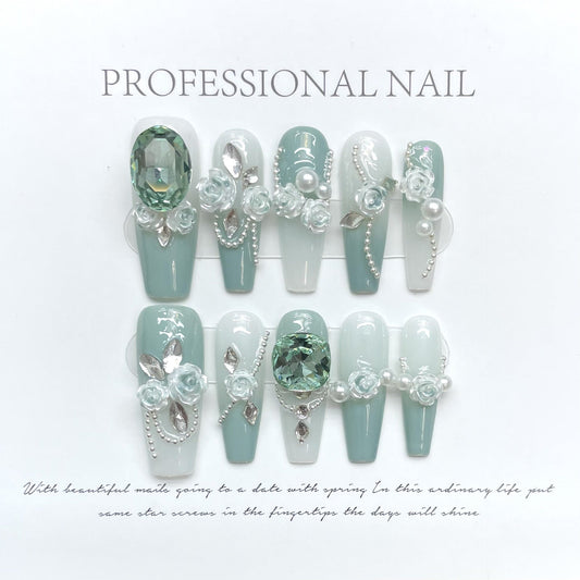 1066 camellia rhinestone style press on nails 100% handmade false nails green