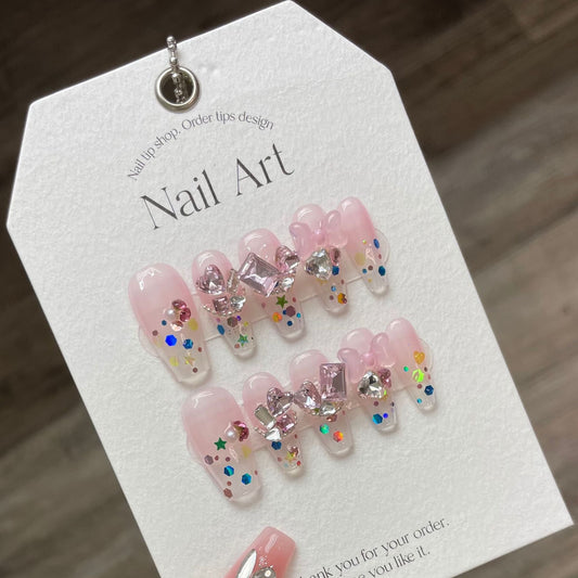 951 presse de style bonbon sur les ongles 100% faux ongles faits à la main rose