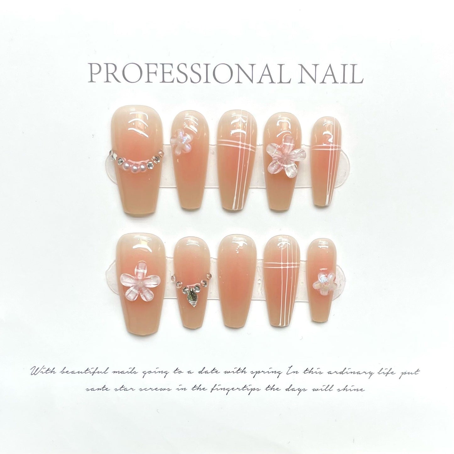 1114 Flowers style press on nails 100% handmade false nails nude color