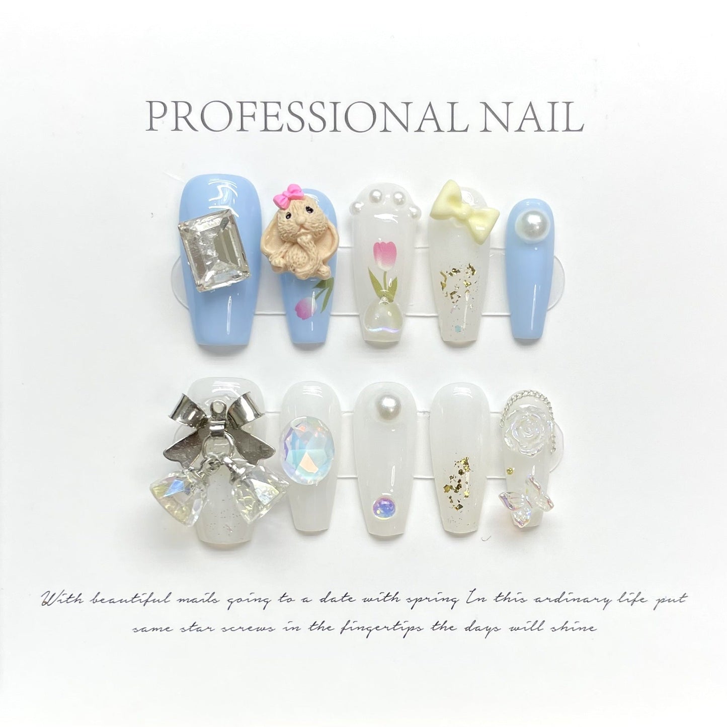 978 cartoon style press on nails 100% handmade false nails blue white