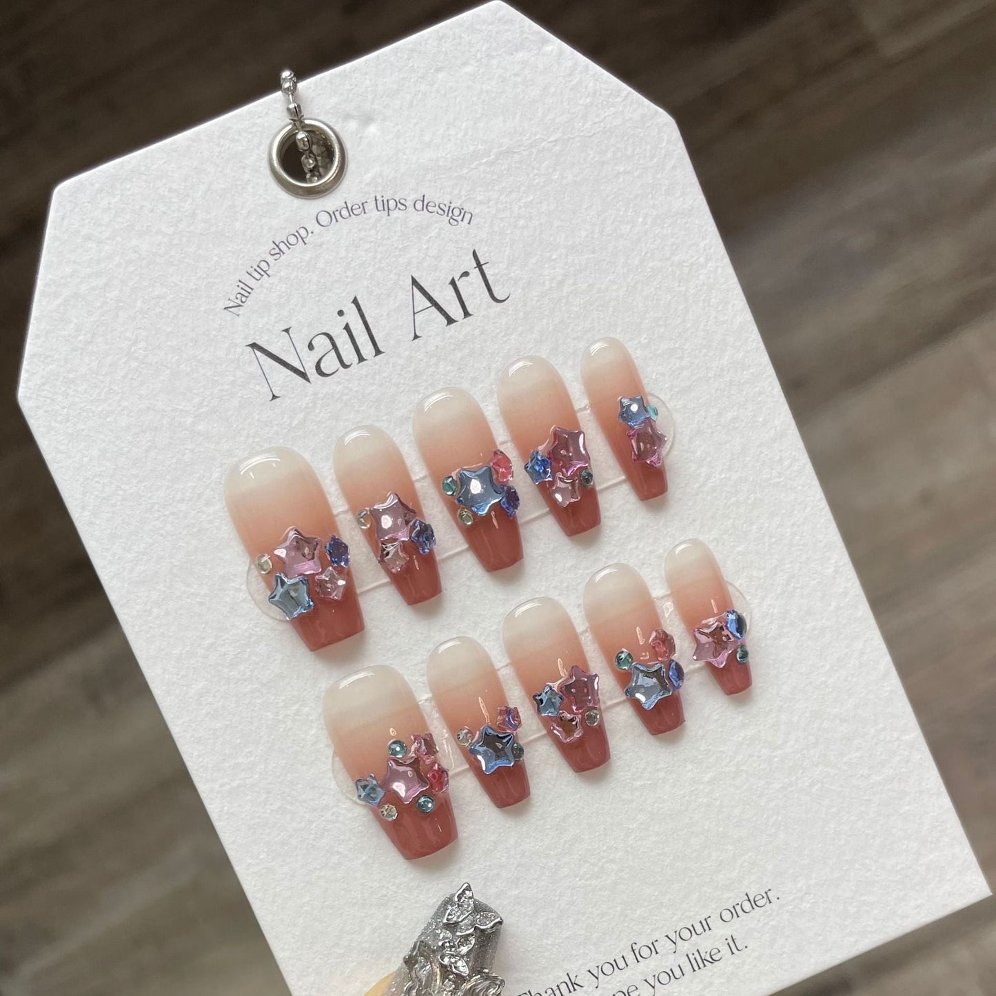 915   Star Rhinestone style press on nails 100% handmade false nails pink nude clear