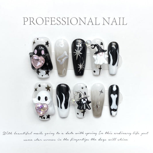 1065 Luminous effect style press on nails 100% handmade false nails black white