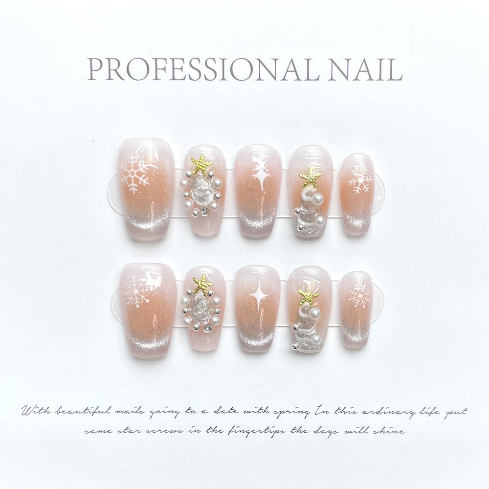 1195/1202 Christmas Style CatEye  Effect press on nails 100% handmade false nails nude color
