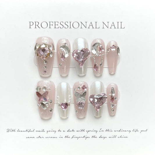 974/977 Presse style strass sur ongles 100% faux ongles faits main rose
