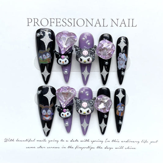 1131 Cartoon style press on nails 100% handmade false nails purple black