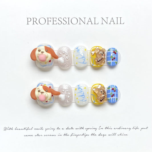 1011 Dierenhond-stijl pers op nagels 100% handgemaakte kunstnagels gemengde kleur