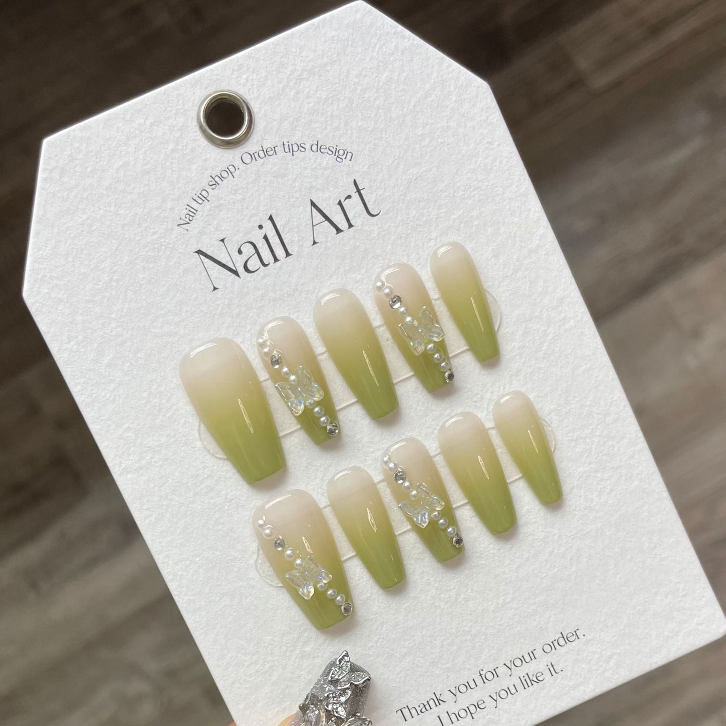 914 Green gradient style press on nails 100% handmade false nails nude clear green