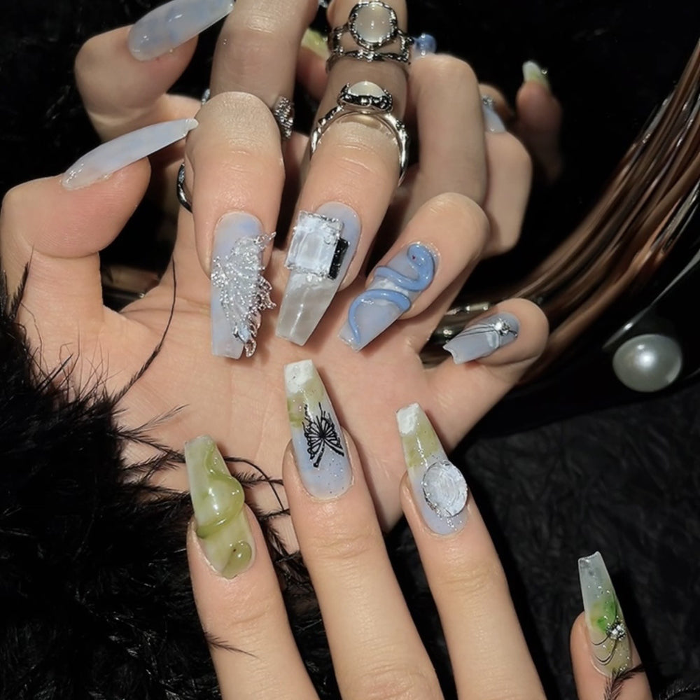 1185 Blue Snake style press on nails 100% handmade false nails blue green