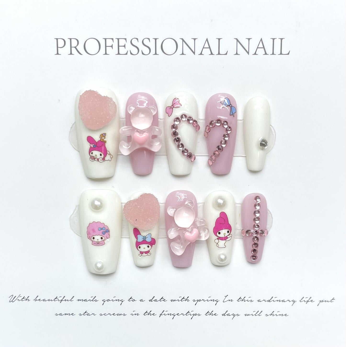 1064 cute style press on nails 100% handmade false nails white pink
