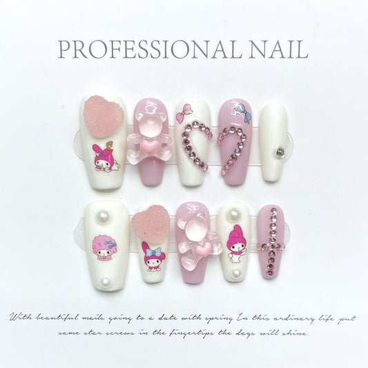 1064 schattige stijl pers op nagels 100% handgemaakte kunstnagels wit roze