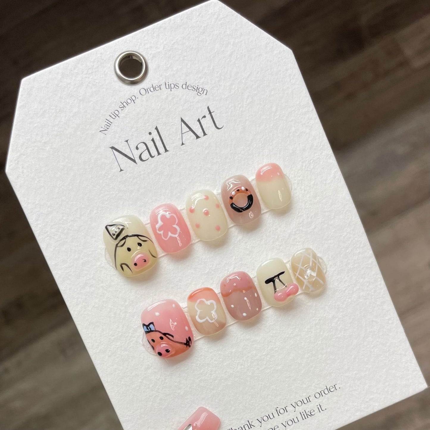 948 Hand drawn pig style press on nails 100% handmade false nails pink