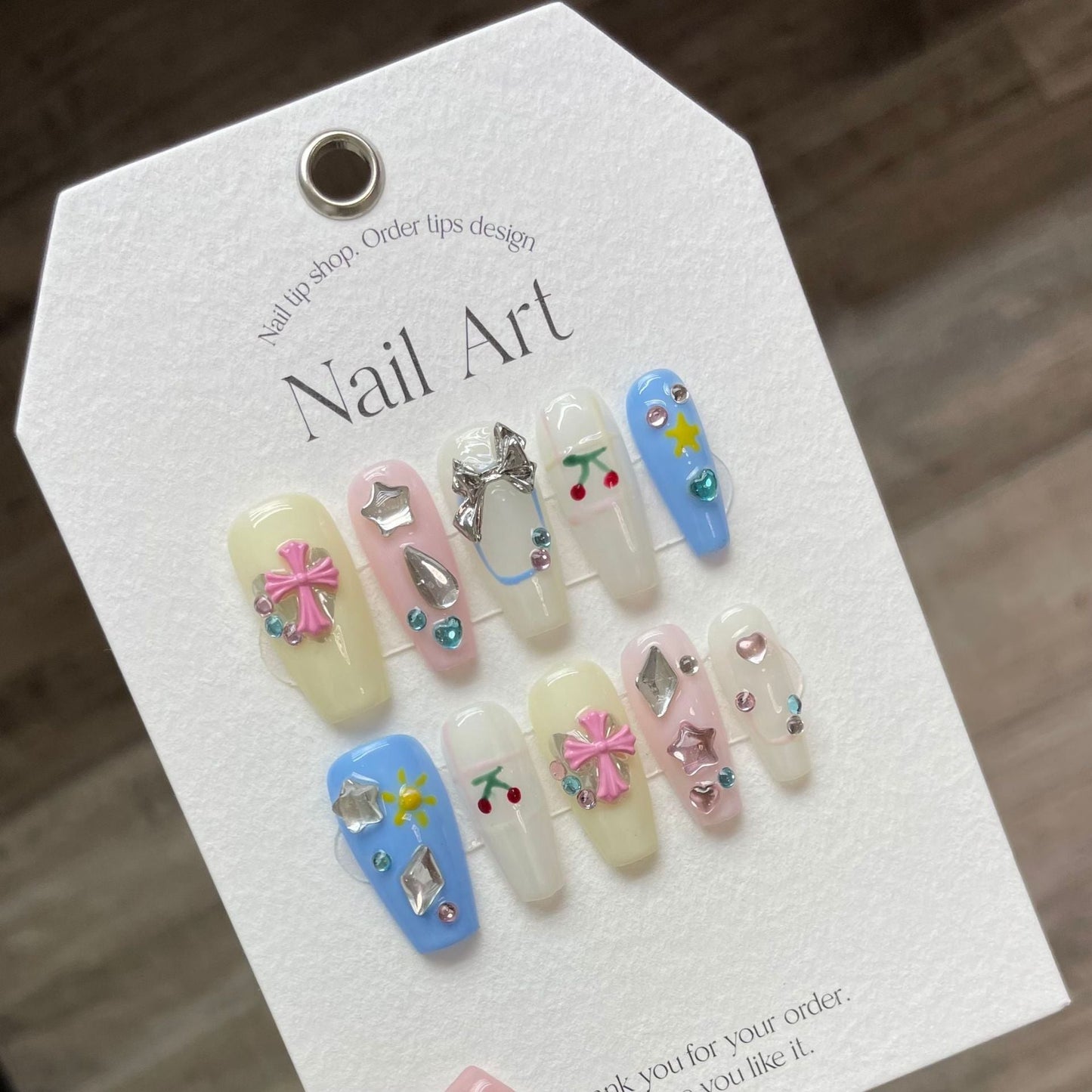 947 Sweet Cherry style press on nails 100% handmade false nails pink white blue