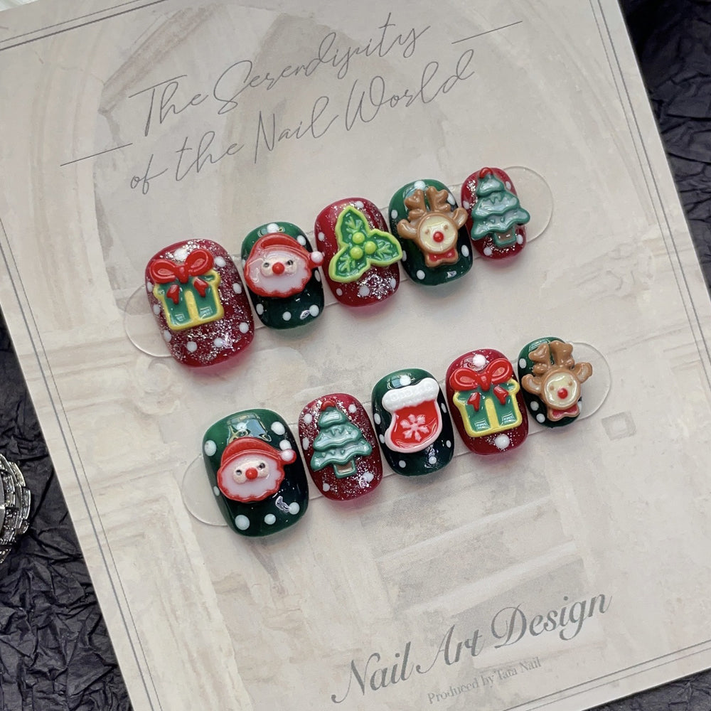 1201 Kerststijl pers op nagels 100% handgemaakte kunstnagels gemengde kleur